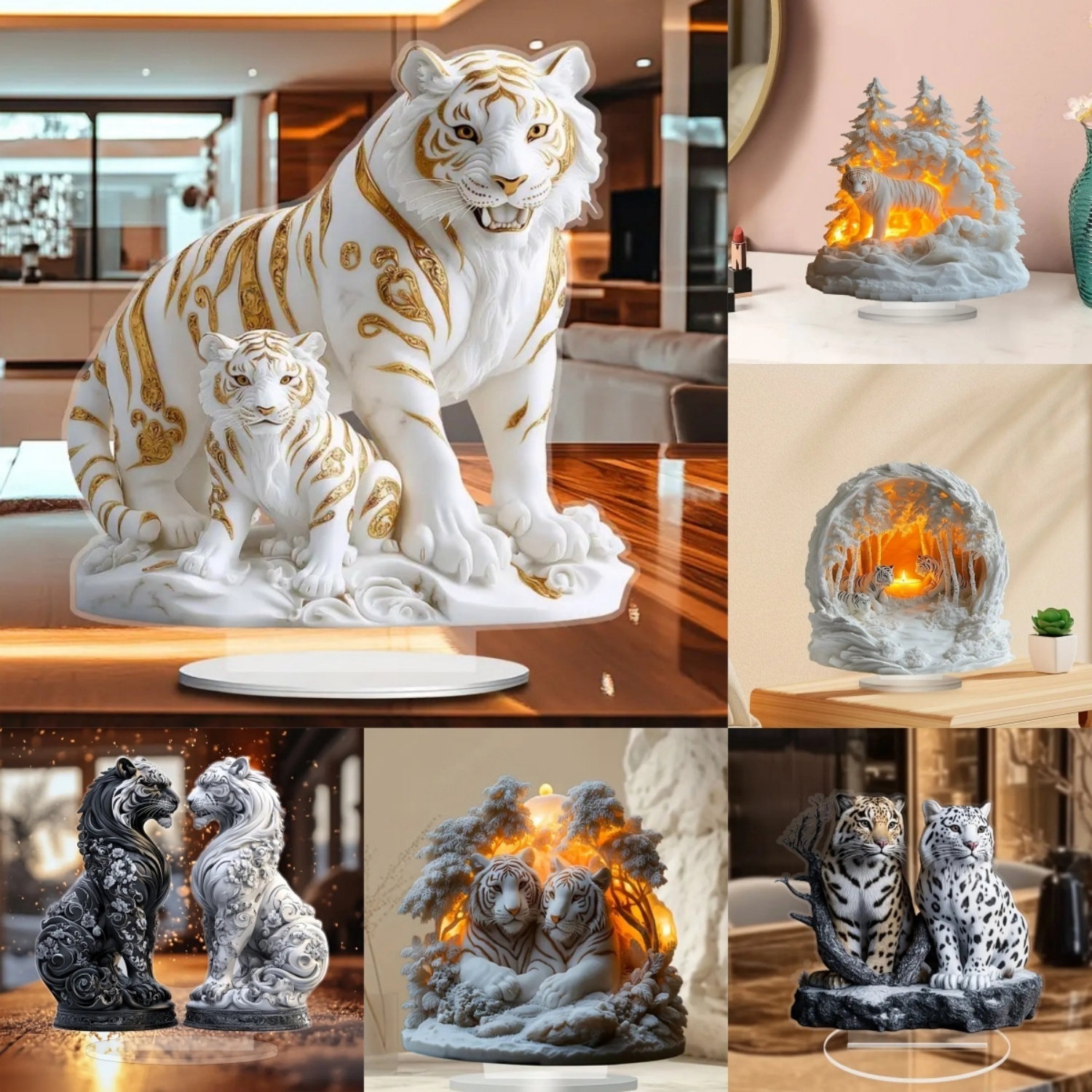 Home Office Setup - Two Tigers Statue,2D Flat Animals Acrylic