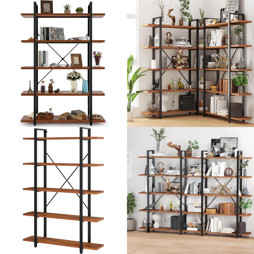 Home Office Industrial Style - Rustic 6-Foot Tall 5-Tier Wide Bookcase,