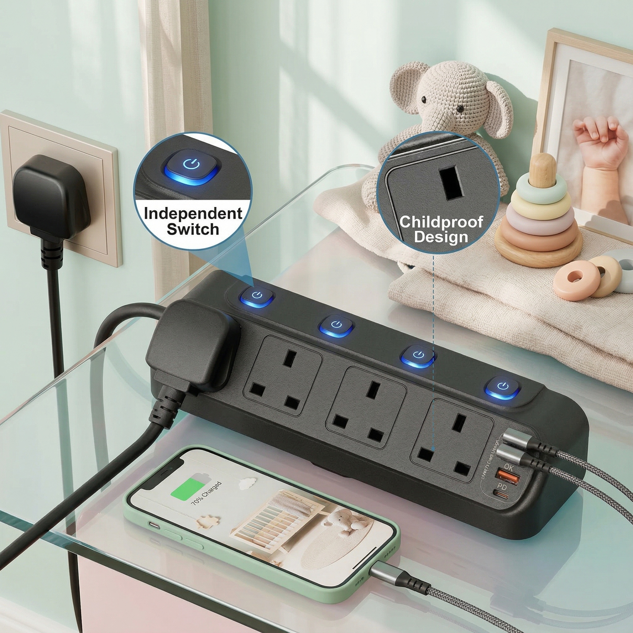 Power Strip Desk - UK Plug Independent Switches 2M Extension