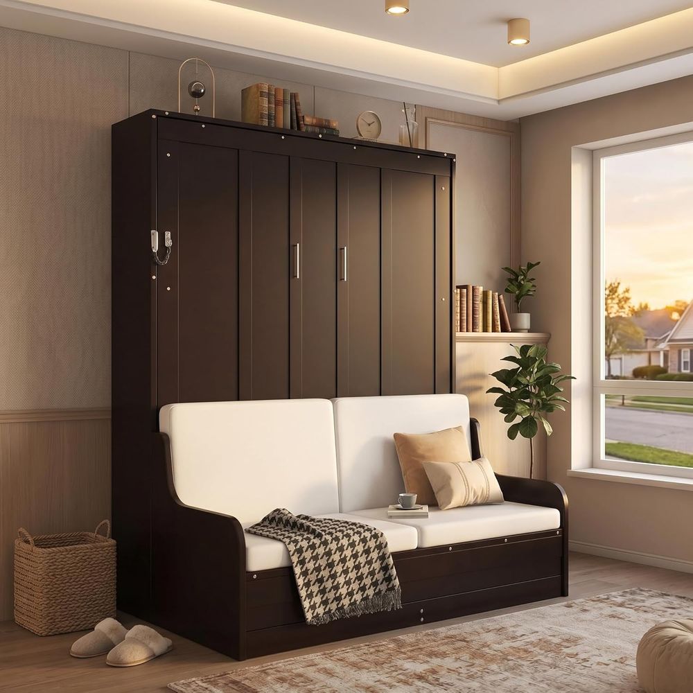 Home Office With Sofa - Queen Size Wooden Murphy Bed with